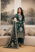 Teal embroidered and printed kurta set paired with palazzo pants and printed dupatta