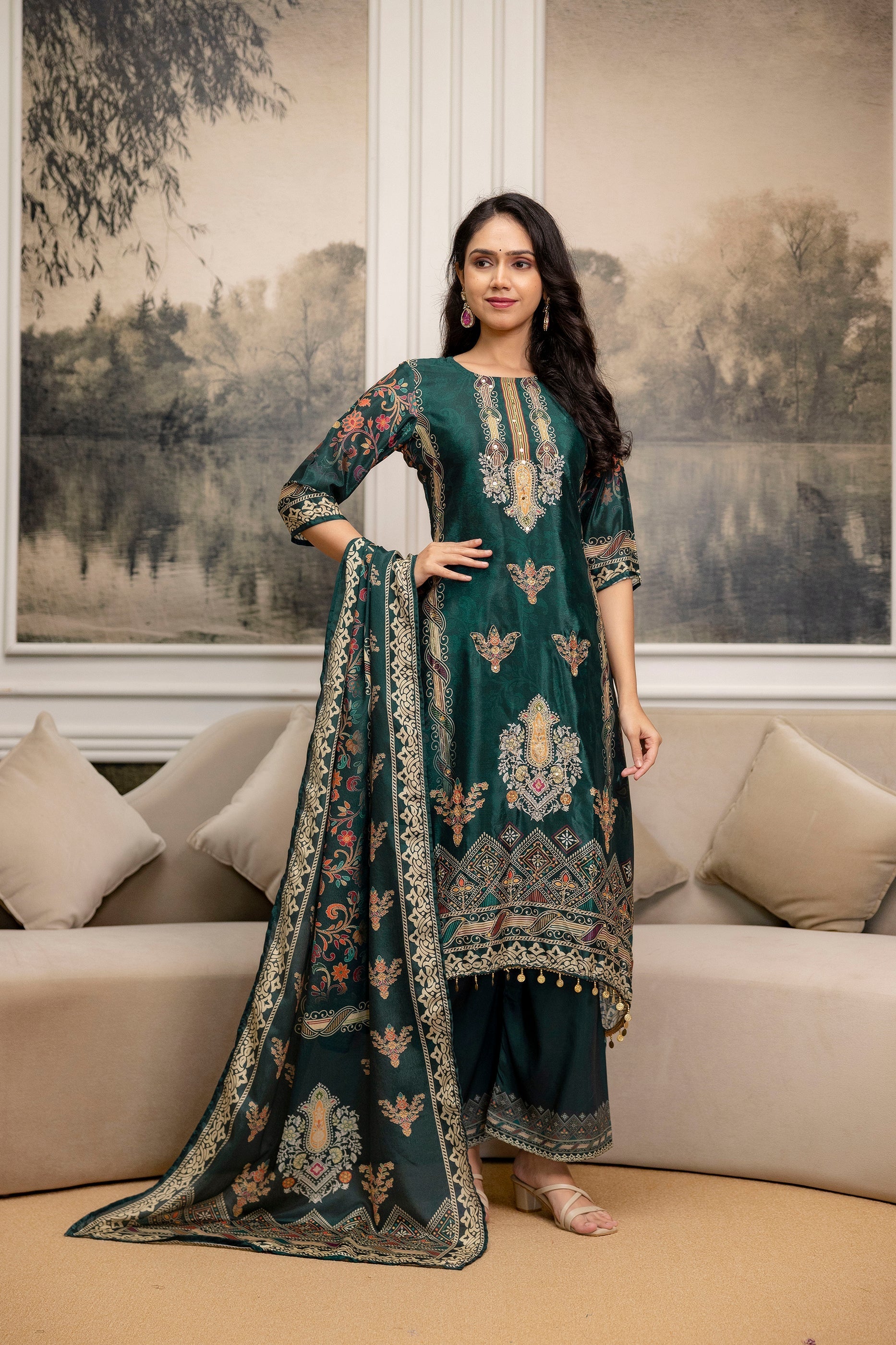 Teal embroidered and printed kurta set paired with palazzo pants and printed dupatta