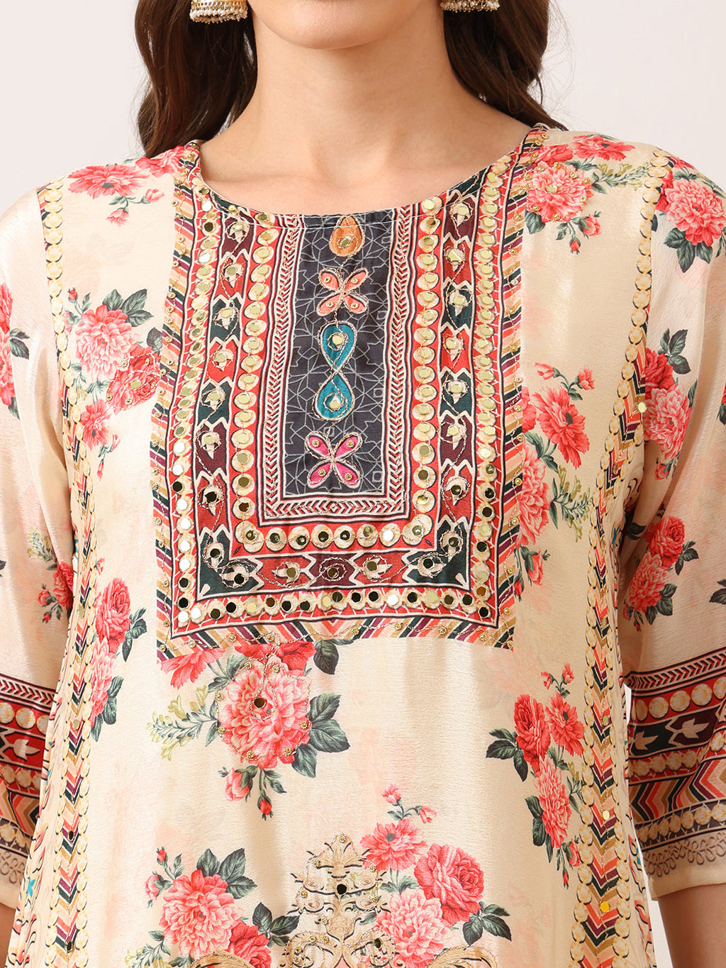 Cream Asymmetric Embroidered Kurta Set with Palazzo and Dupatta