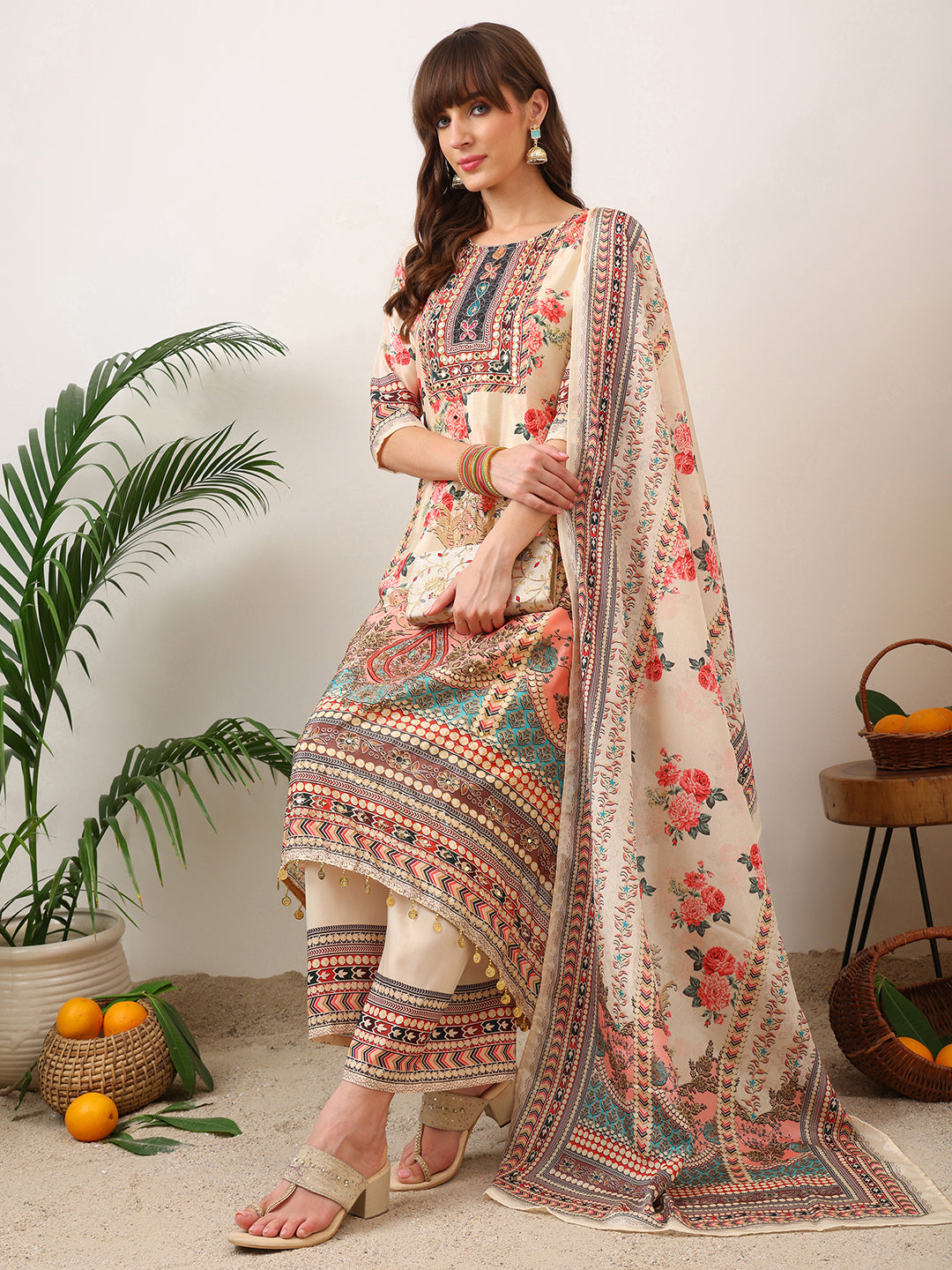 Cream Asymmetric Embroidered Kurta Set with Palazzo and Dupatta