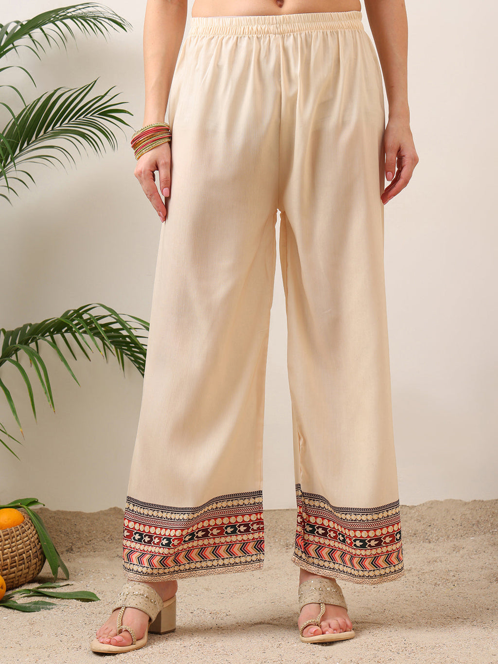 Cream Asymmetric Embroidered Kurta Set with Palazzo and Dupatta
