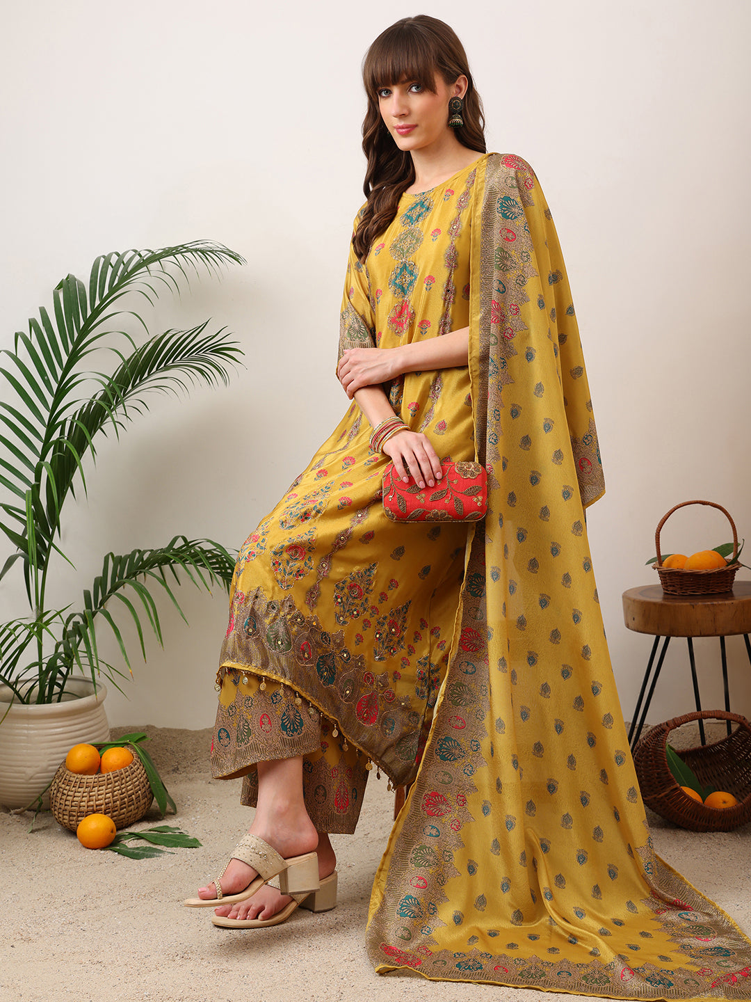 Mustard Asymmetric Embroidered Kurta Set with Palazzo
