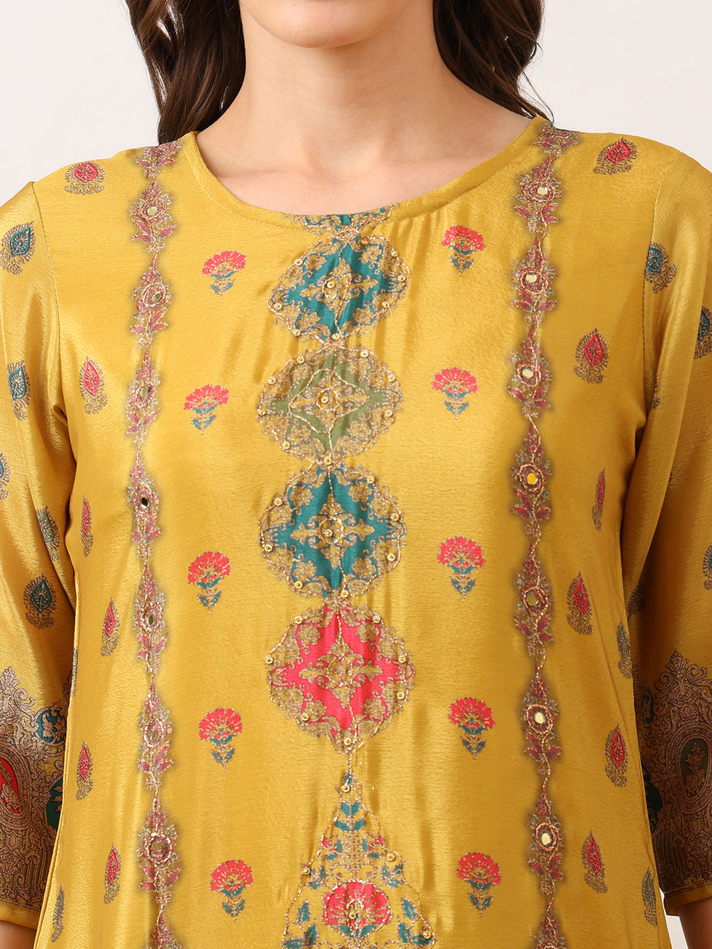 Mustard Asymmetric Embroidered Kurta Set with Palazzo