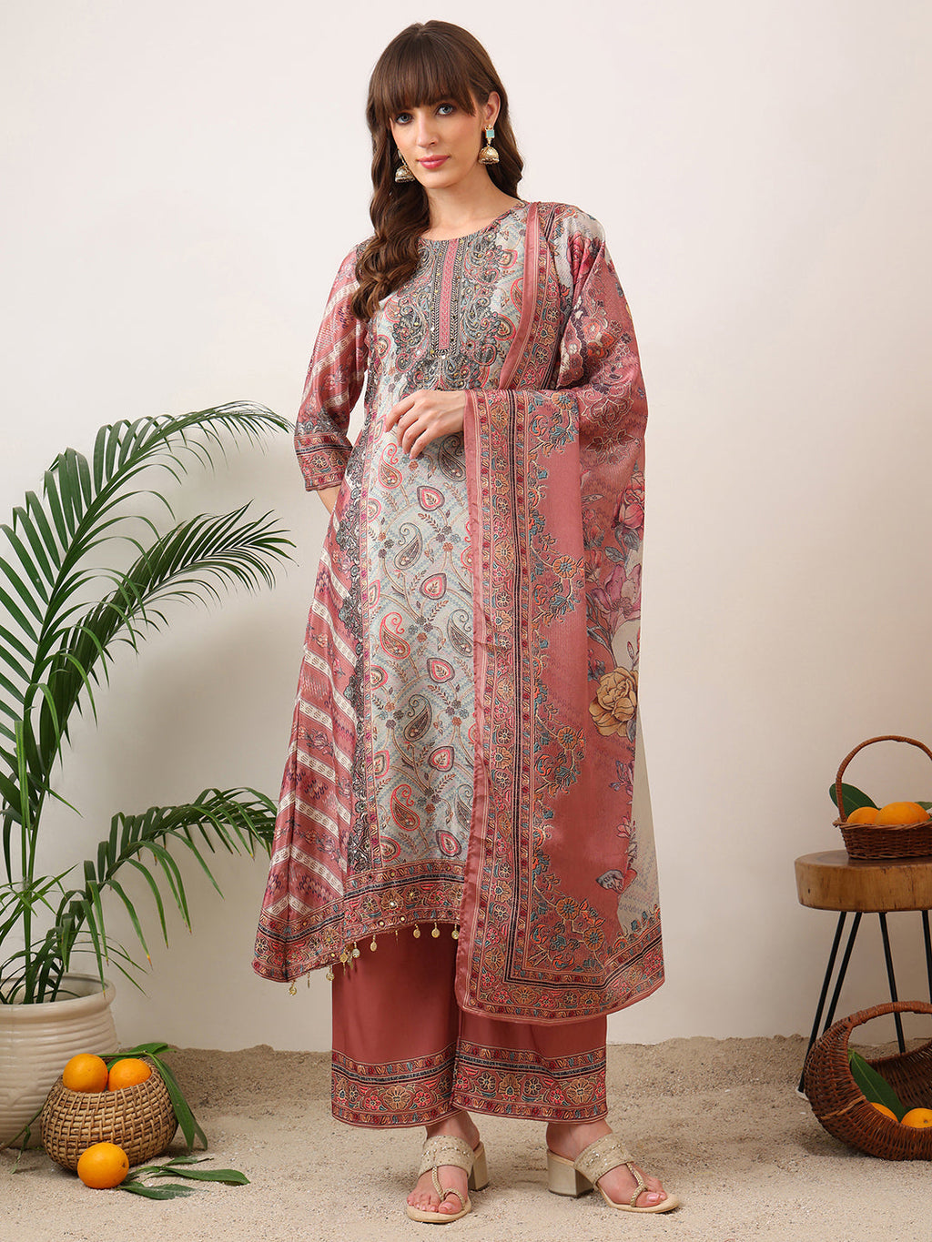 Pink asymmetric silk-blend kurta with palazzo and printed dupatta