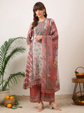 Pink asymmetric silk-blend kurta with palazzo and printed dupatta