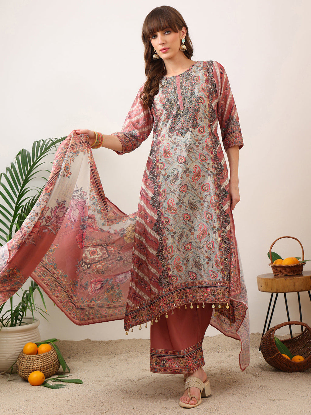 Pink Embroidered Asymmetric Silk-Blend Kurta with Palazzo