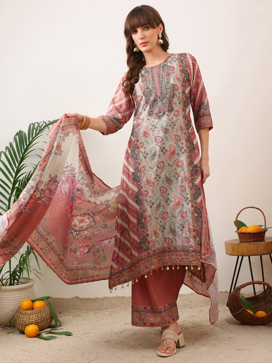 Pink Embroidered Asymmetric Silk-Blend Kurta with Palazzo