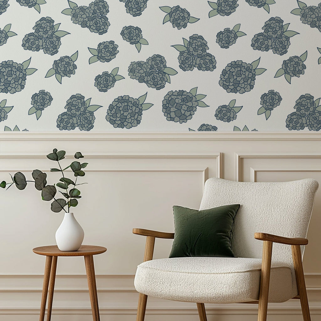 Floral wallpaper design featuring blue, off-white, and pale-green flowers