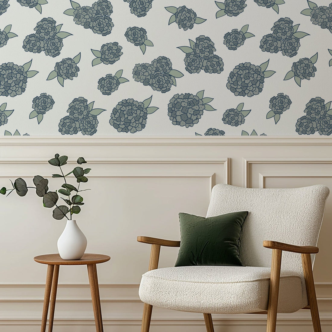 Floral wallpaper design featuring blue, off-white, and pale-green flowers