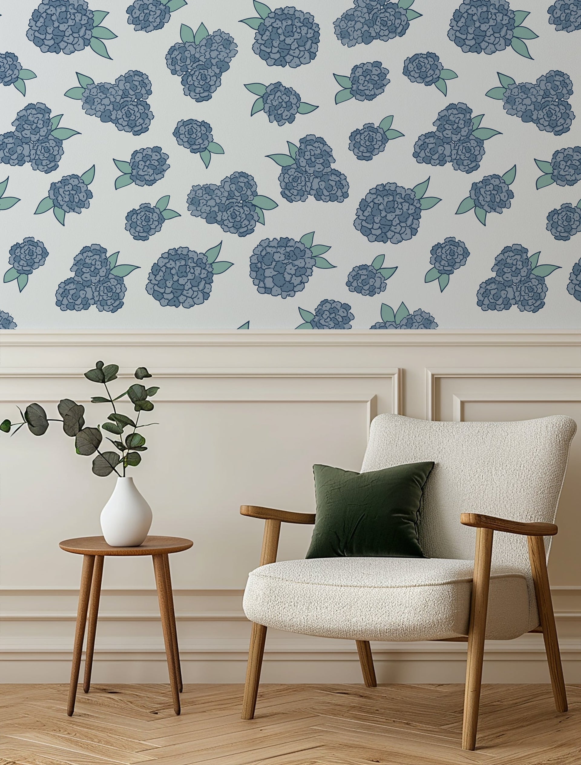 Halsey Floral Removable Wallpaper in Blue, Off-White, and Pale-Green