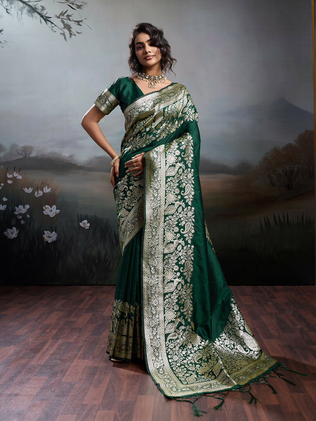 Dark green silk blend saree with matching blouse