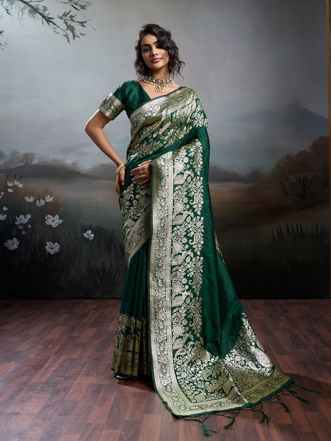 Dark green silk blend saree with matching blouse