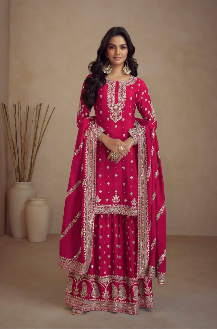 Pink Chinon Salwar Kameez with detailed embroidery and sequin embellishments