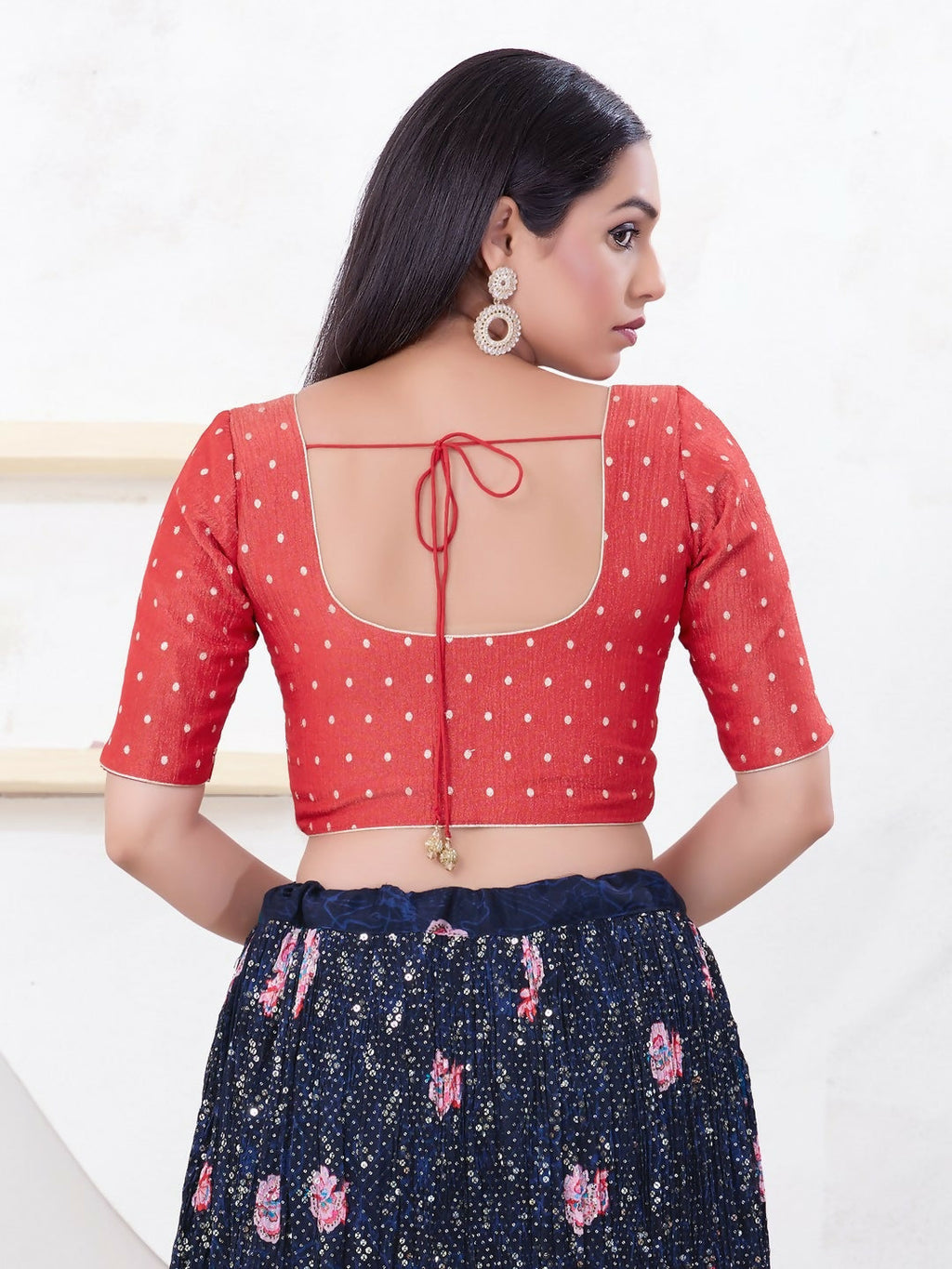 Pink Tissue Round Neck Elbow Sleeve Front Open Blouse