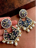 Elegant Meenakari drop earrings with blue stone and bead detailing in gold-tone brass