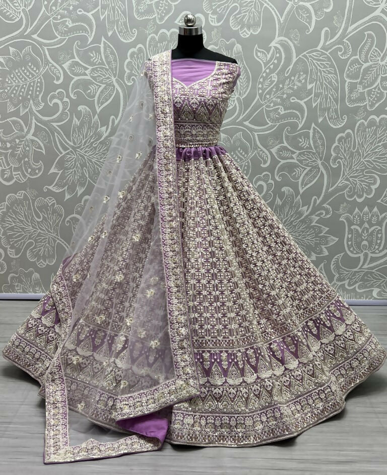 Violet Bridal Net Lehenga Choli with fancy sequins and multi-thread embroidery