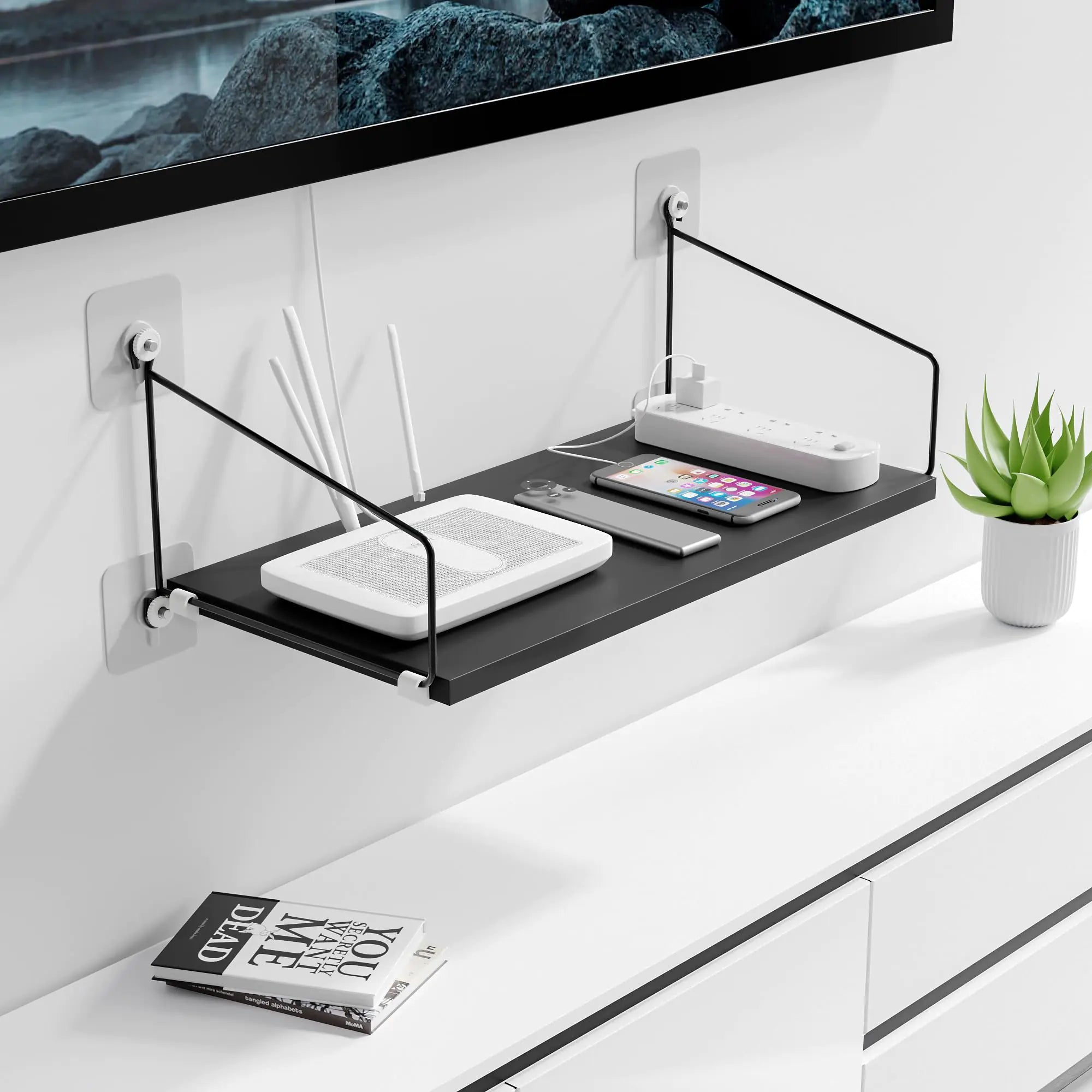 AIYOTAR 40x20cm Wooden Floating Shelf for Projector/WiFi Router/Game Consoles/Cable Box/DVD No Drill Shelves for Wall Storage Wall Mount Floating Shelf for Under TV/Living Room/Bathroom/Bedroom