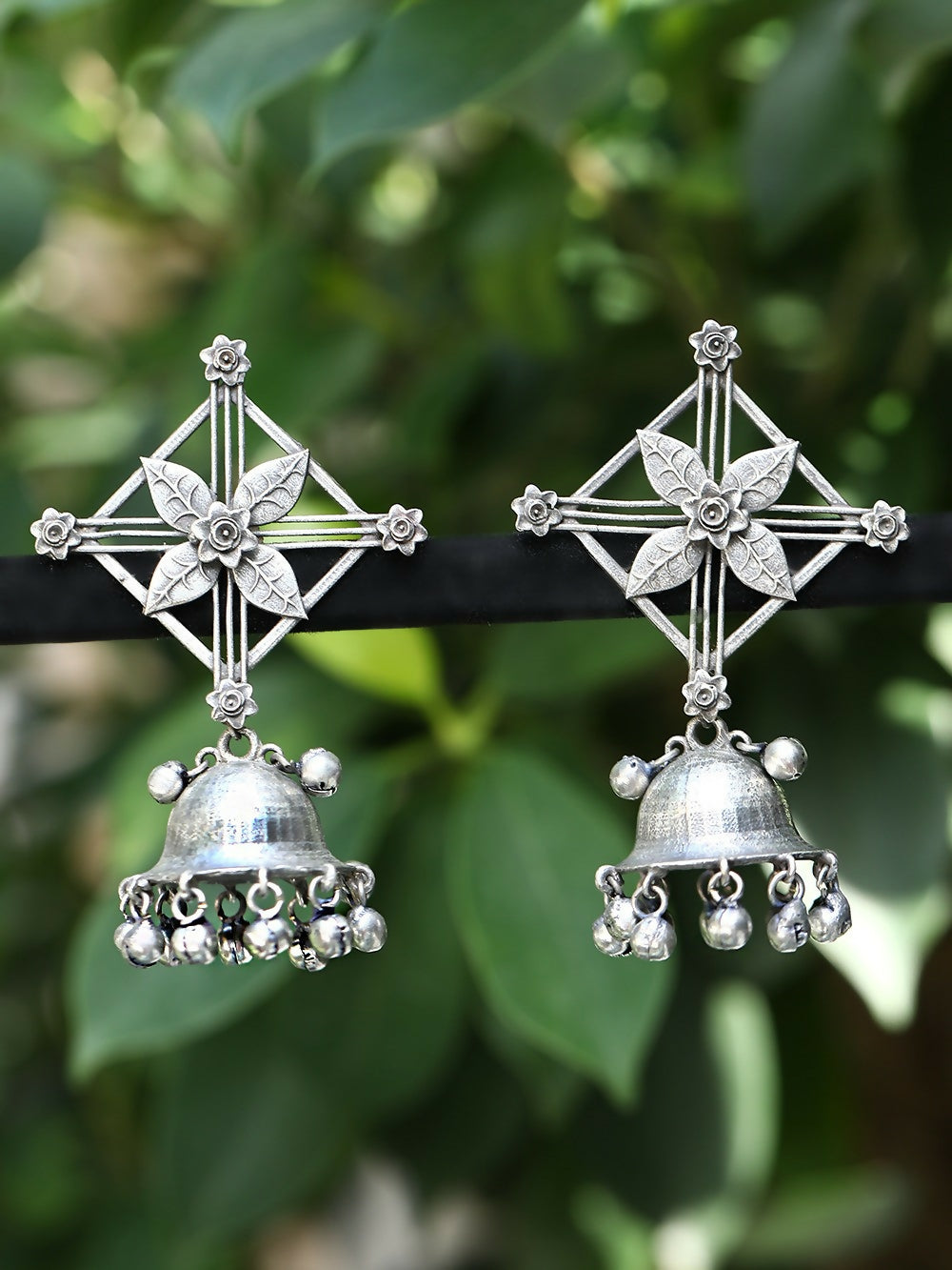 Silver Tone Brass Ghungroo Jhumka Earrings with Stones