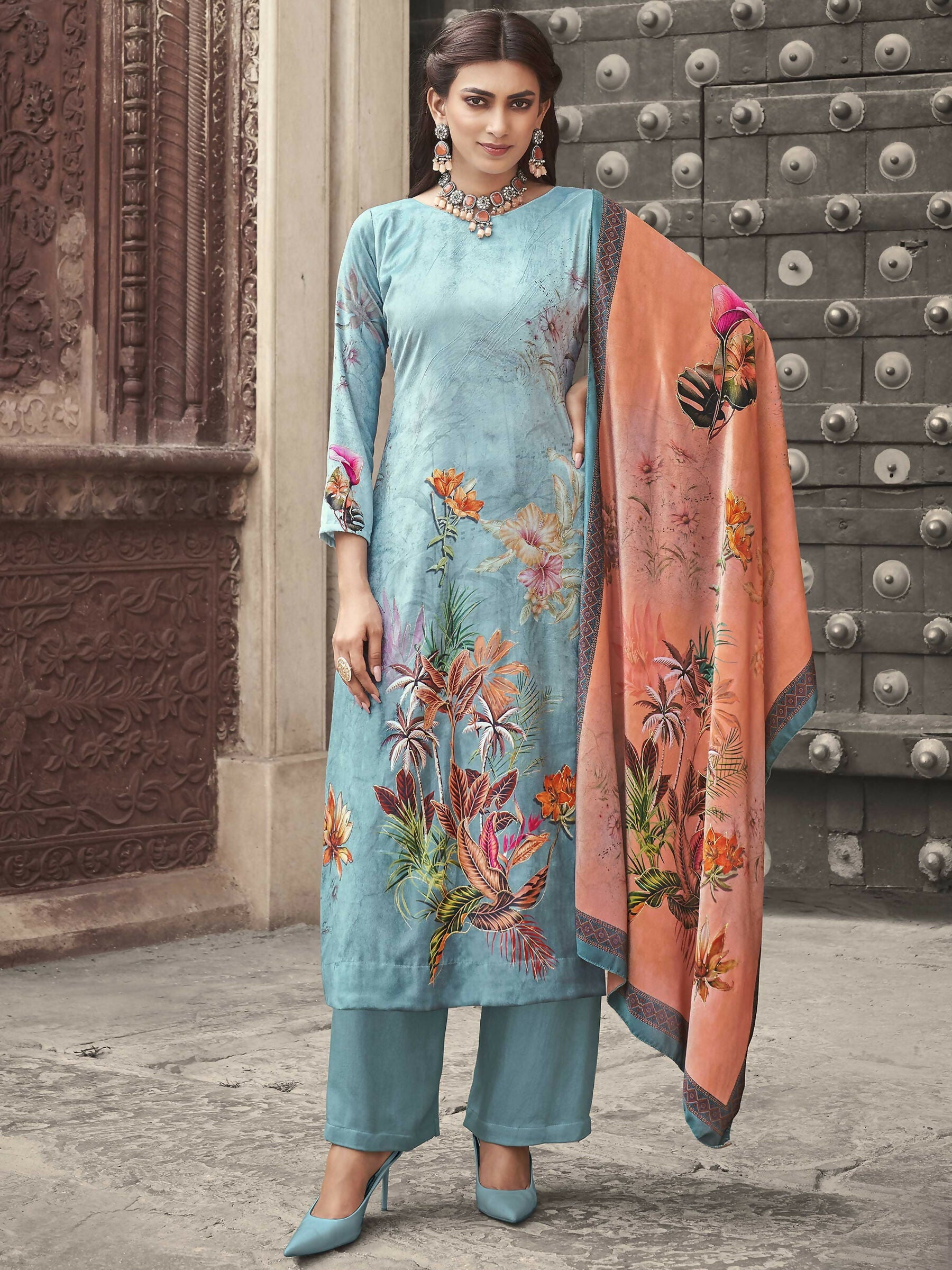 Sky blue velvet floral digital print kurta set with wide-leg pashmina palazzo pants and matching dupatta.