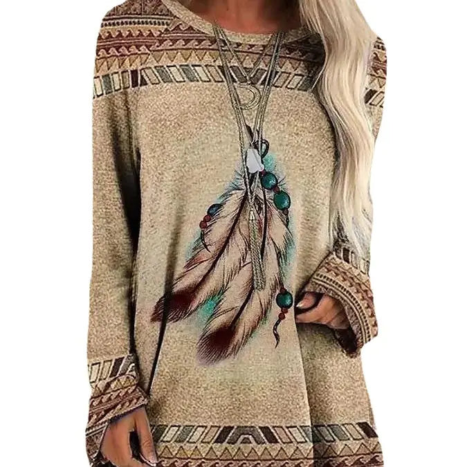 Women's Long Sleeve Graphic Animal Print T-Shirt Tan Relaxed Fit - Image 24