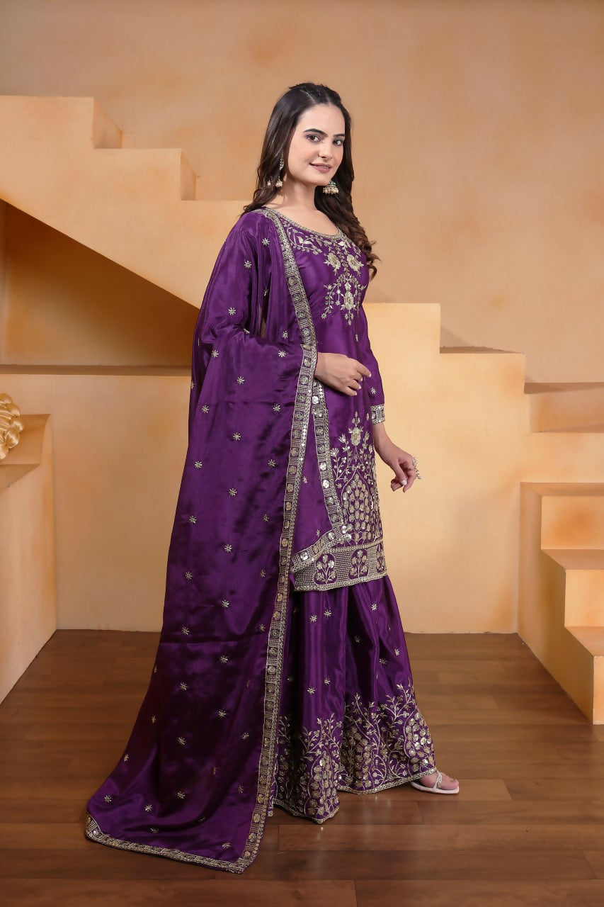 Purple Silk Embroidered Sharara Set with Intricate Detailing