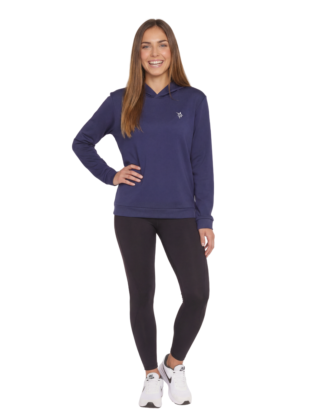 Model wearing a navy blue performance hoody with an embroidered logo, styled with black leggings.