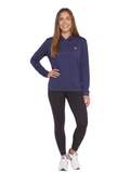 Model wearing a navy blue performance hoody with an embroidered logo, styled with black leggings.