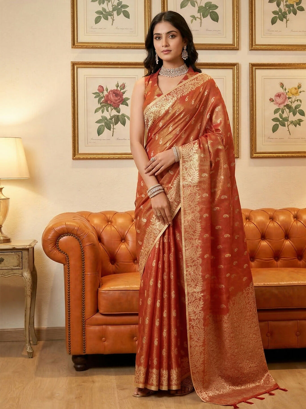 Rust colored tissue silk saree with matching blouse piece