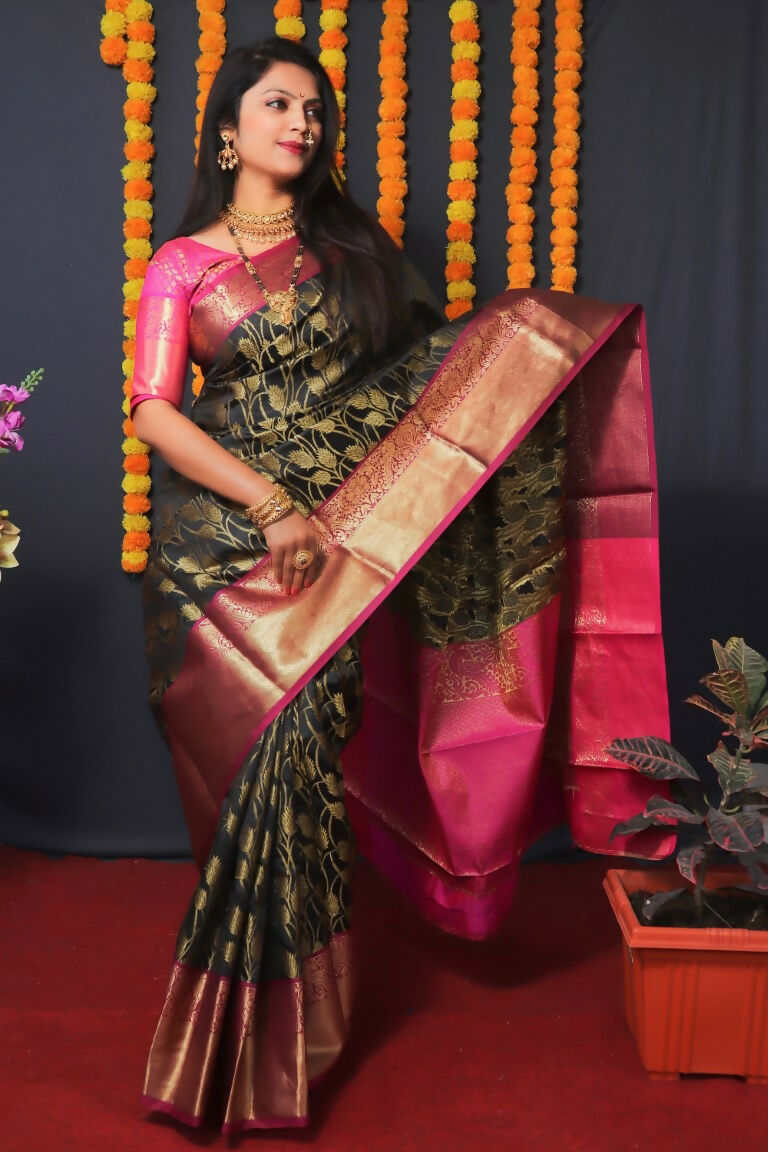 Black Kanjivaram Silk Zari Woven Saree with Pink Blouse