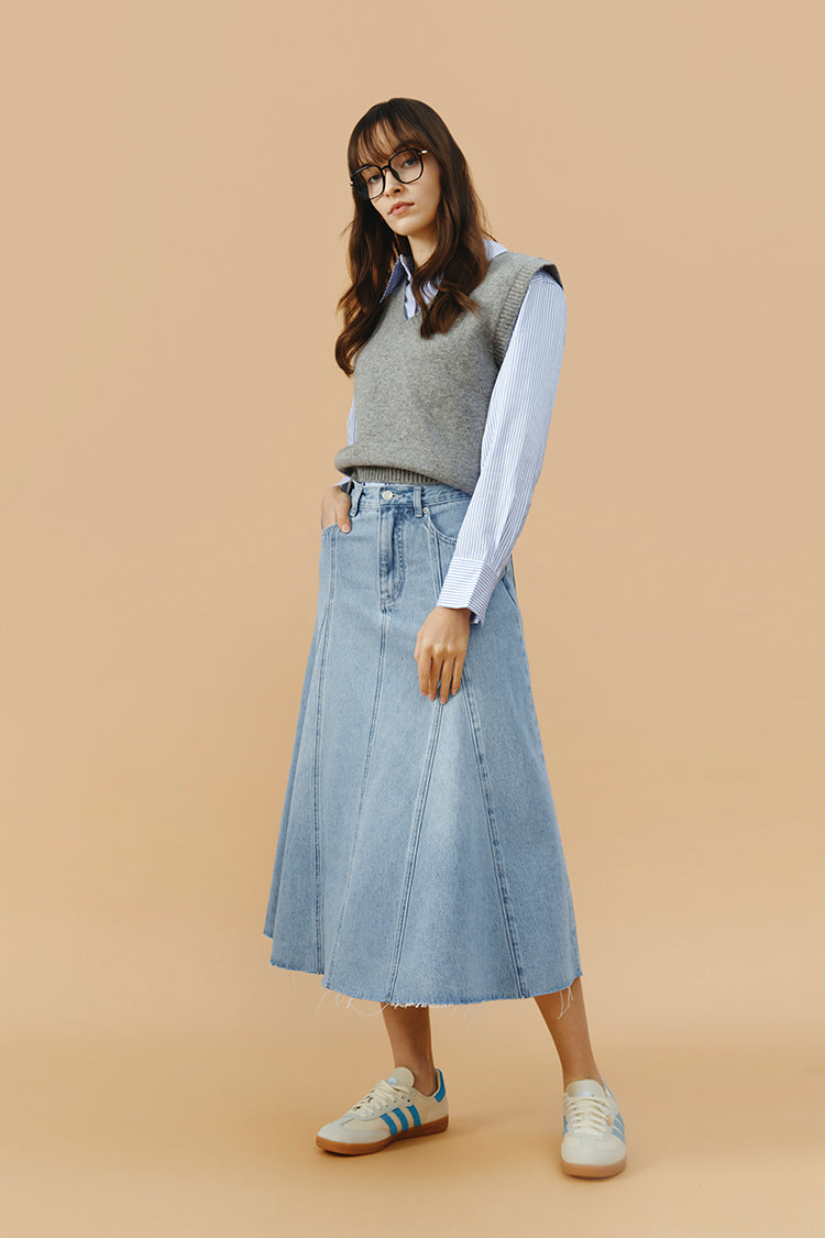 Midnight Train to Georgia Swing Denim Midi Skirt