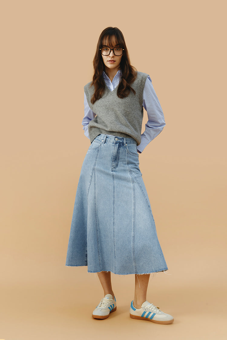Midnight Train to Georgia Swing Denim Midi Skirt