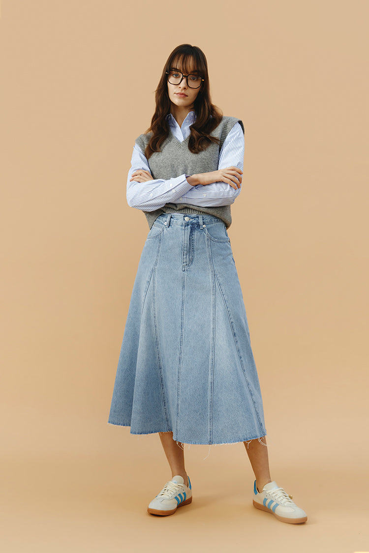 Midnight Train to Georgia Swing Denim Midi Skirt