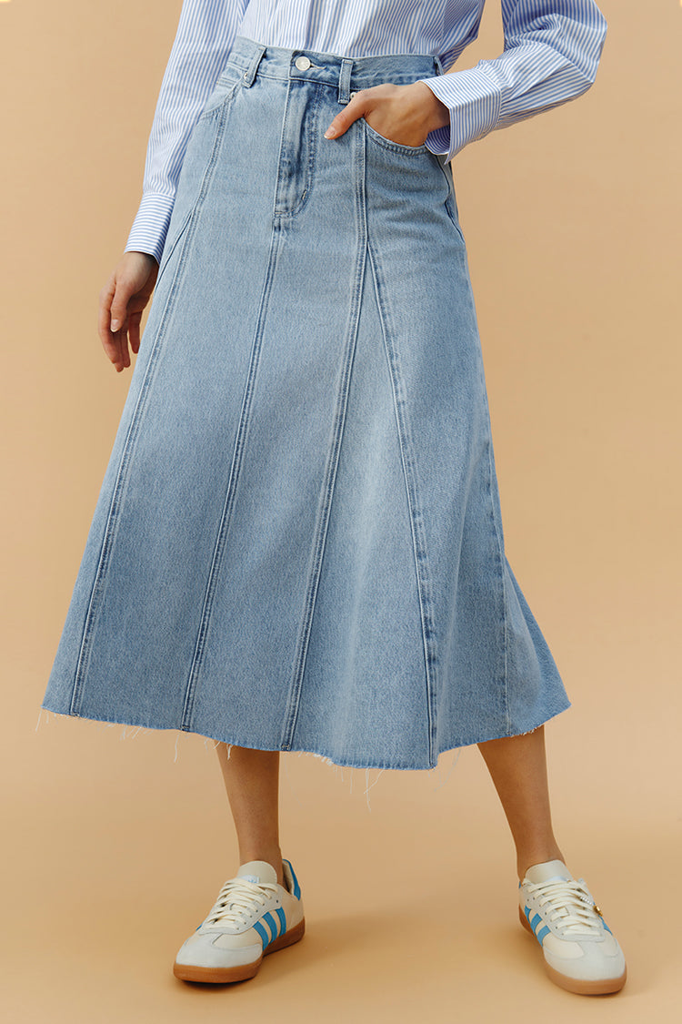 Midnight Train to Georgia Swing Denim Midi Skirt