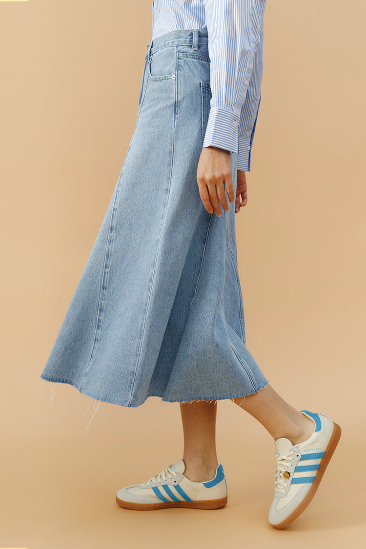 Midnight Train to Georgia Swing Denim Midi Skirt