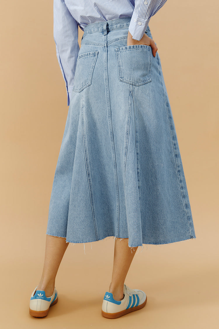 Midnight Train to Georgia Swing Denim Midi Skirt