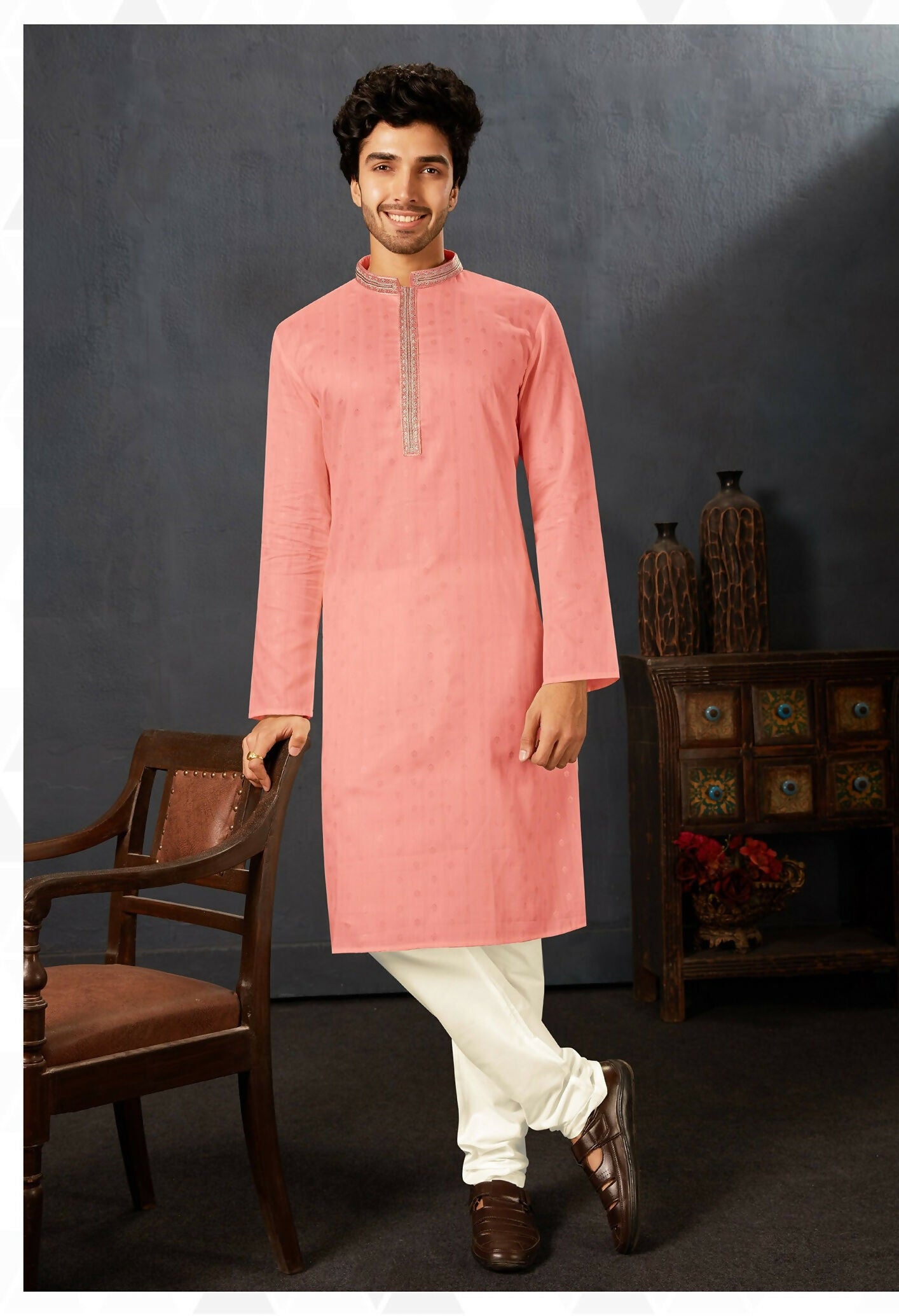 Baby wearing a soft pink cotton kurta paired with off-white art silk pyjama bottoms