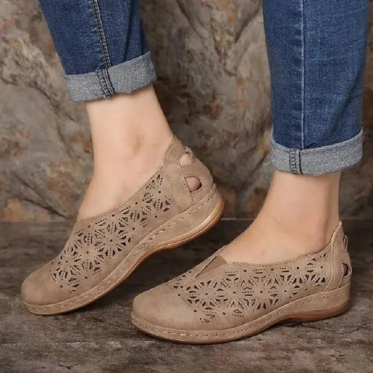 Women's Hollow Out Wedge Casual Shoes Tan Comfortable Walking Flats - Image 5