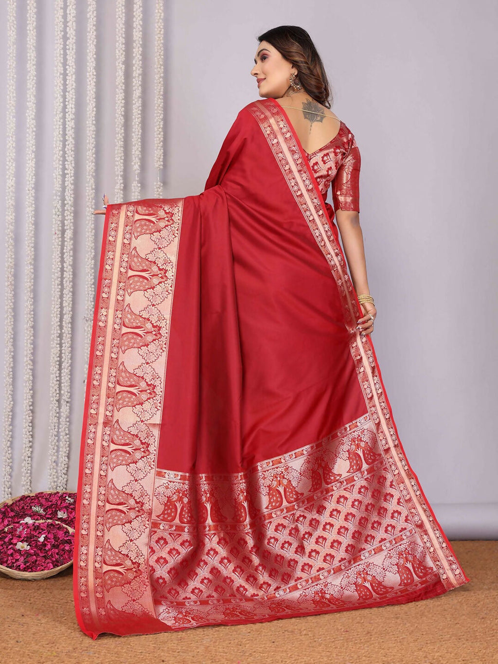 Red Woven Banarasi Soft Silk Saree with Unstitched Blouse