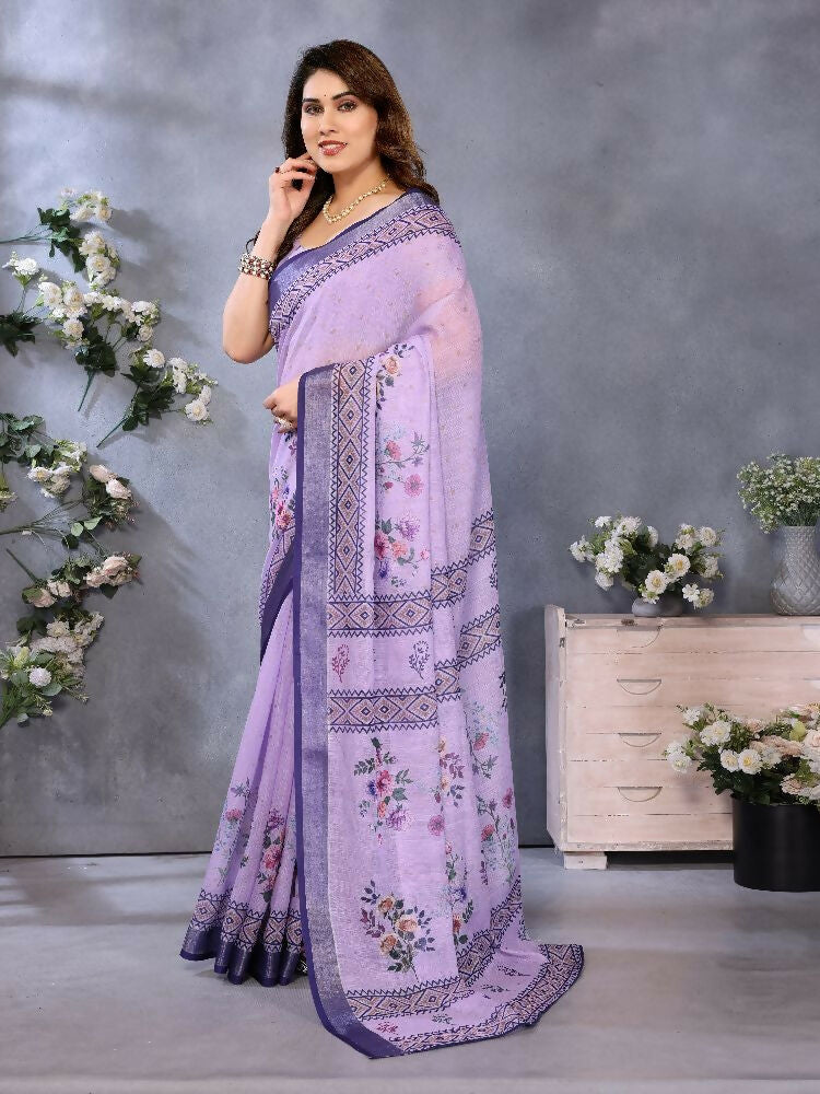 Purple Handloom Linen Cotton Saree with Matching Blouse Set