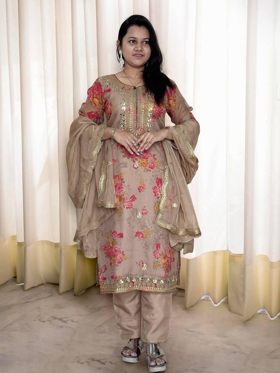 Beige Organza Embroidery Sequin and Mirror Salwar Suit
