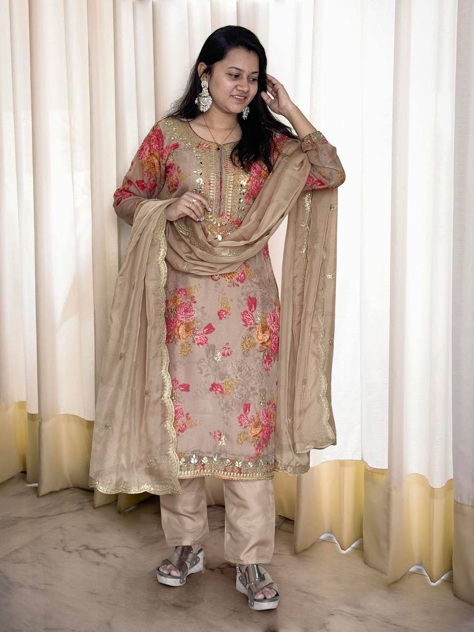 Beige Organza Embroidery Sequin and Mirror Salwar Suit