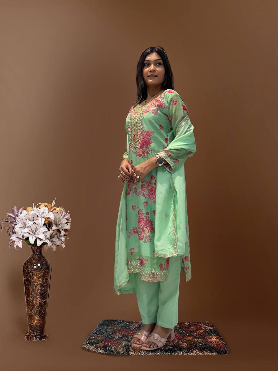 Light Green Organza Embroidered Salwar Suit with Sequin Work
