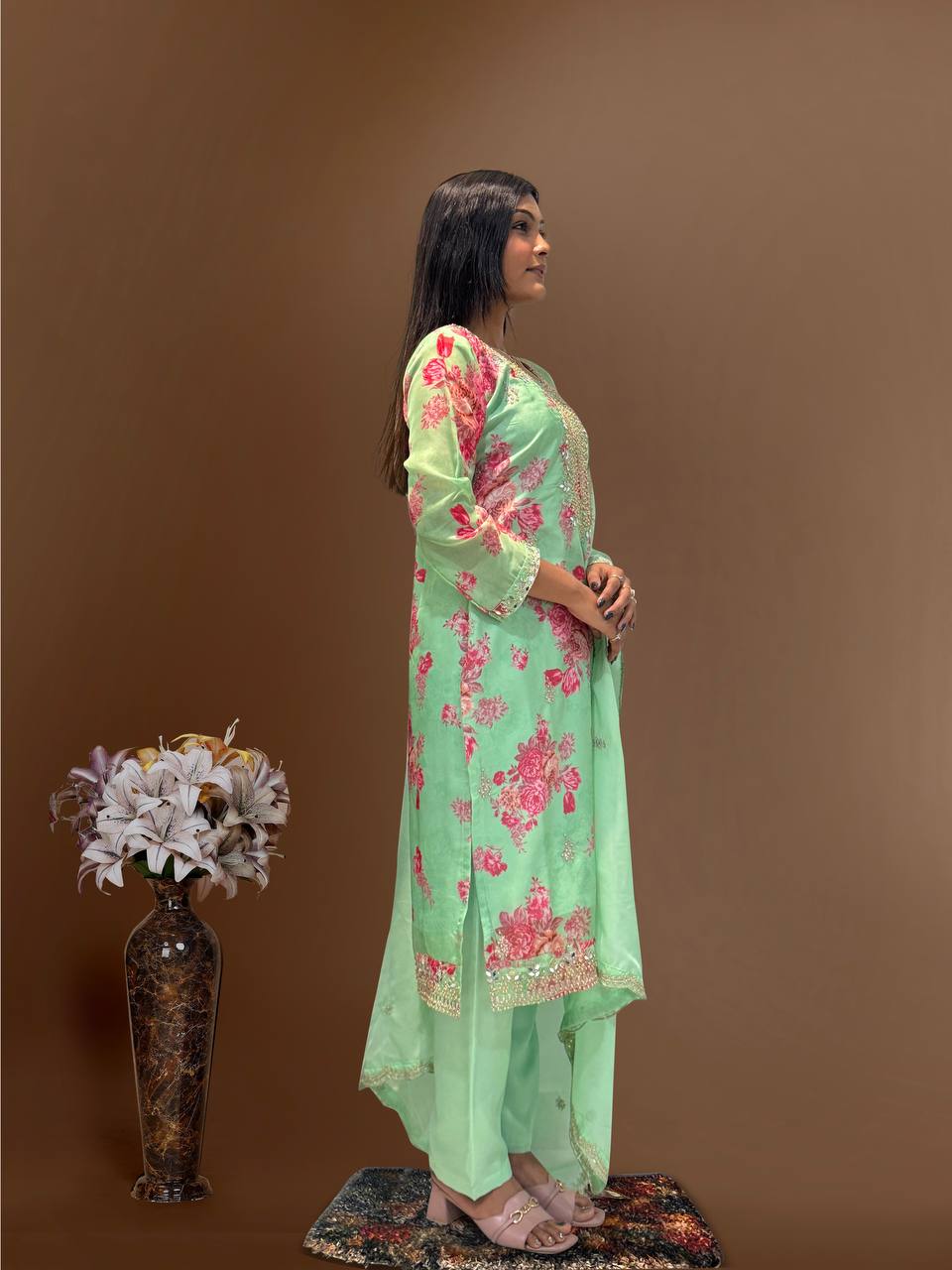 Light Green Organza Embroidered Salwar Suit with Sequin Work