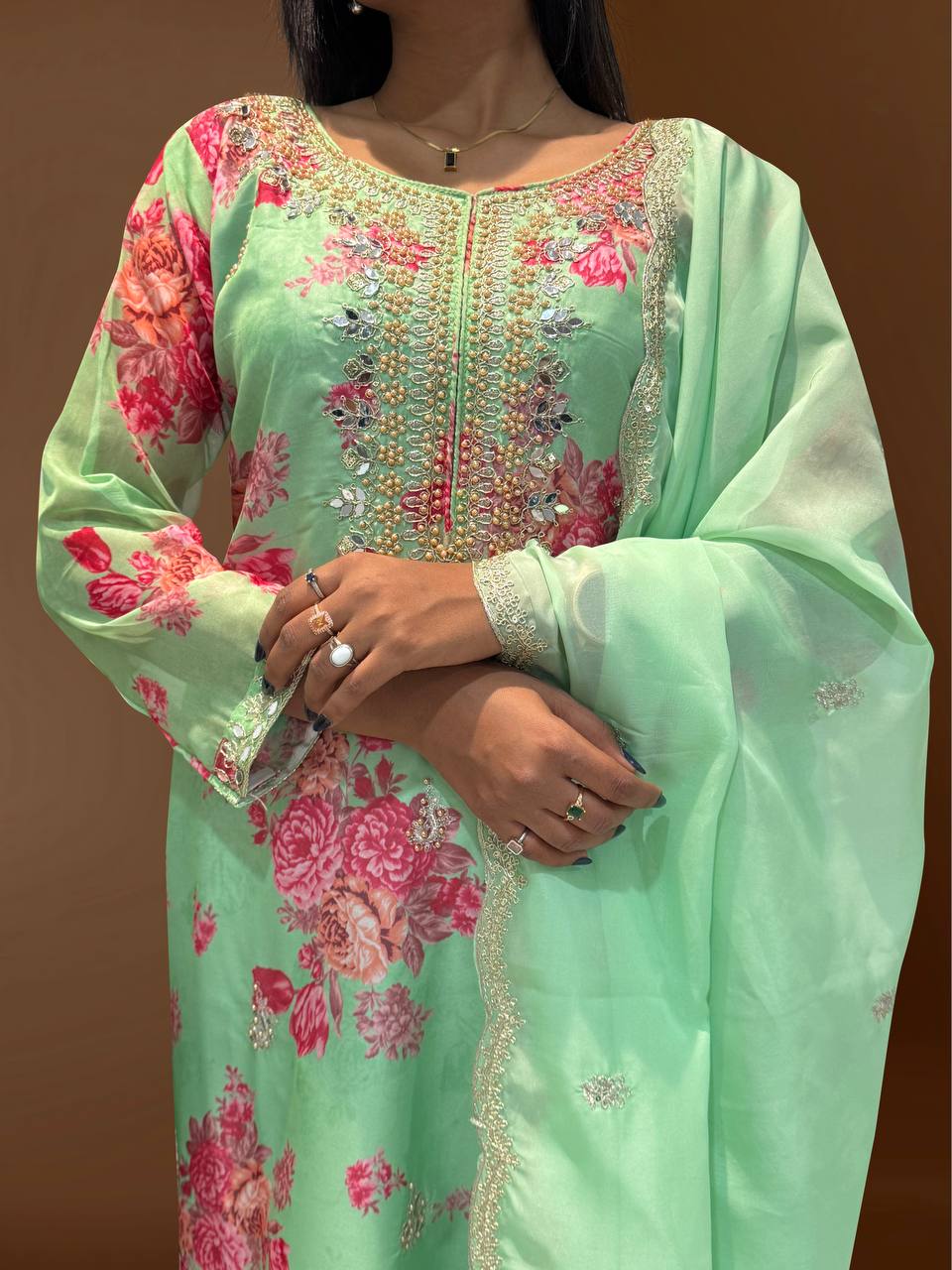 Light Green Organza Embroidered Salwar Suit with Sequin Work