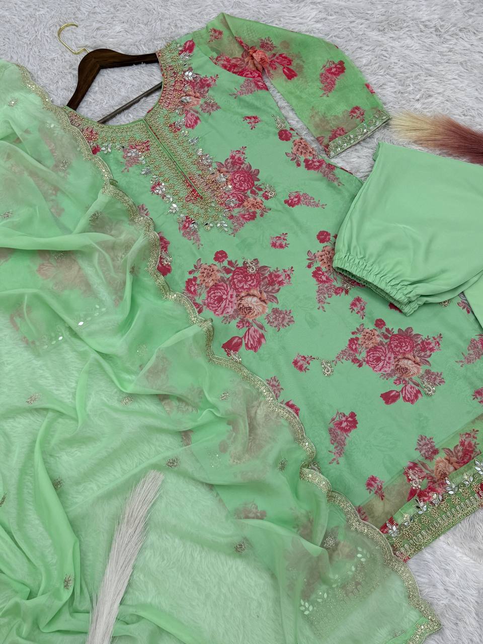 Light Green Organza Embroidered Salwar Suit with Sequin Work