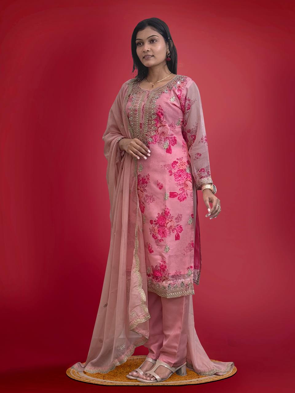 Peach Organza Salwar Suit with Embroidery Coding and Sequins
