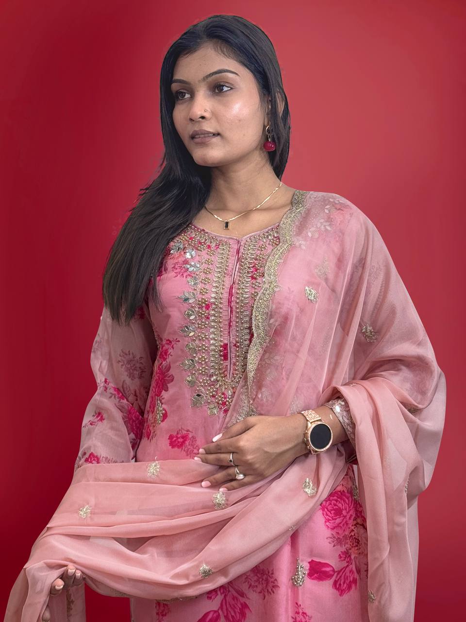 Peach Organza Salwar Suit with Embroidery Coding and Sequins