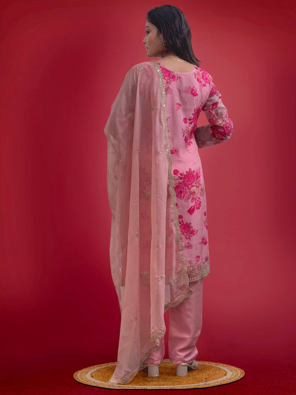 Peach Organza Salwar Suit with Embroidery Coding and Sequins