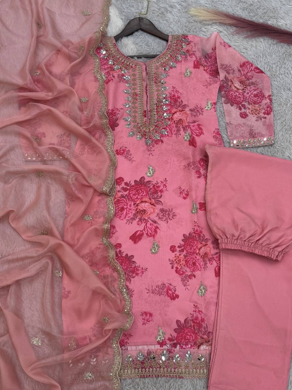 Peach Organza Salwar Suit with Embroidery Coding and Sequins