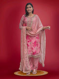 Peach pure Kundan Organza salwar suit with detailed coding embroidery and stone mirror work